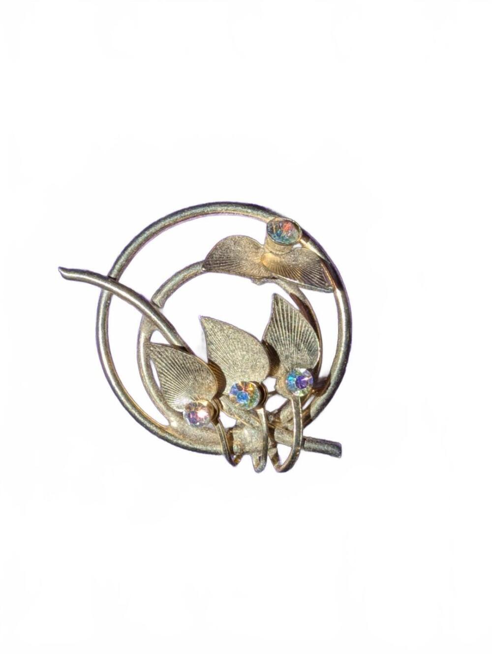 Vintage Gold-Tone Floral Bird Circle Brooch Pin with Rhinestone Accents